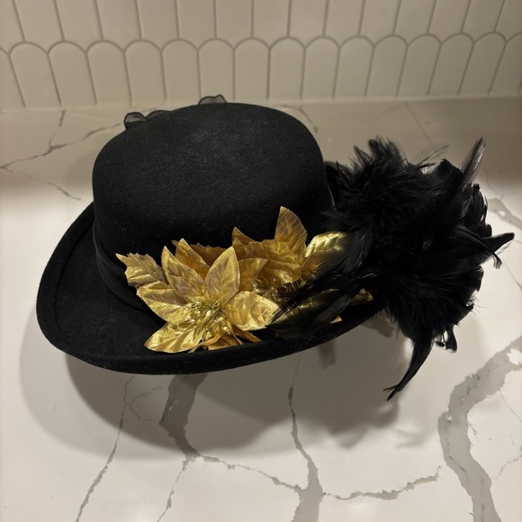 VTG 80s Arlin Church/Derby Dress Hat Black Wool Gold Leaves Bow Feather Trim USA main image 8